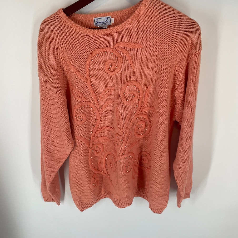 Vintage Sweater Bee Beaded Floral Embroidered 90s Knit Sweater Peach L